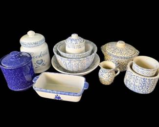 12pc Blue White Spongeware Pottery