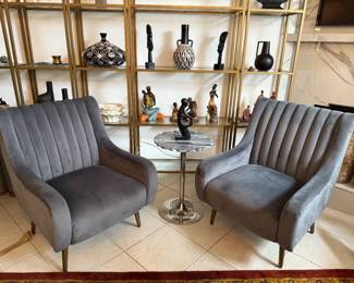 Gray scalloped back accent chairs
