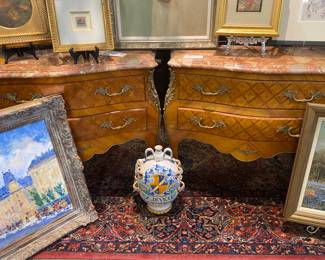 A pair of marble top in laid commodes