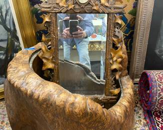 Very large Burlwood copper lined wine, bucket, and vintage mirror