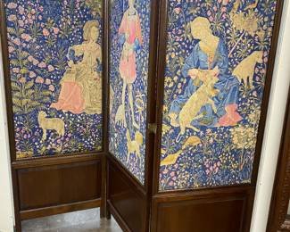 Fabulous three panel tapestry mahogany room divider