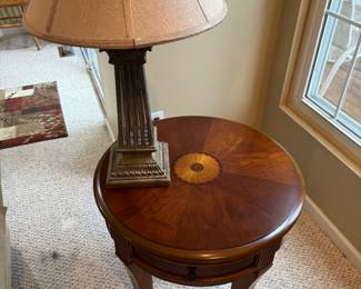 Side table by Klaussner 24" diameter w/ inlaid sunburst and table lamp