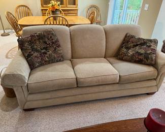 La-Z-Boy 84" Sofa covered in a celery color chenille - the floral pillows match a floral tapestry recliner sold separately and those pillows will go with the chair - the next pic is the matching 42" arm chair to this sofa