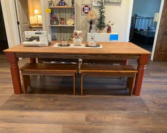 One of a kind handmade customized farm table with a sweet history!  Huge table with 4 benches.  