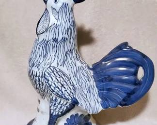 Chinese or Delft Style Blue  White 16inch Ceramic Rooster