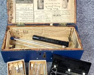 Antique Medical InstrumentsGlass Syringes, Tubes, Hand Painted Wooden Chest