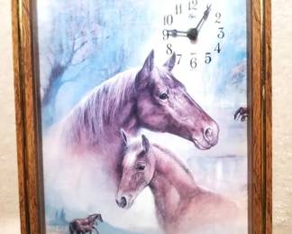 Vintage Framed Mare  Foal Horse Clock