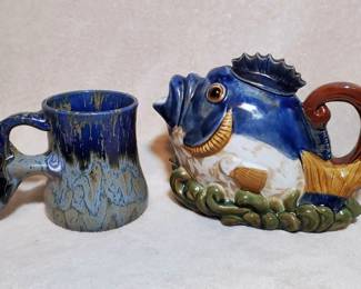 Ceramic Fish Shaped Teapot, and Whale Tail Mug