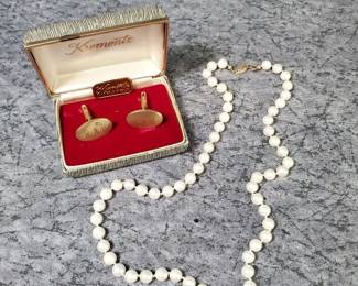 Krementz 14k Gold Overlay Cufflinks Monogrammed, Pearl Necklace
