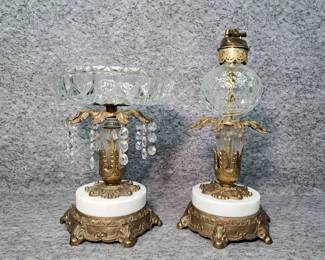 Vintage Brass  Crystal Ashtray and Lighter on Marble Bases