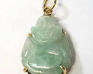 18K Gold Green Jade Carved Buddha Charm