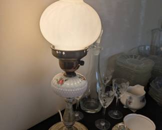 Hurricane milk glass lamp