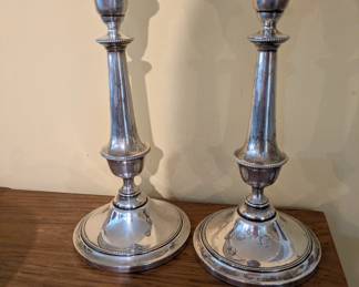 Pair of sterling silver candle holders. C16, weighted (10 1/4"H, 1,426 gr.)