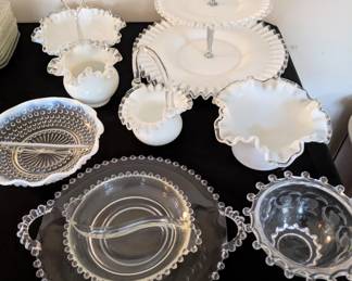 Fenton Silver Crest Milk glass and other hobnail serving dishes