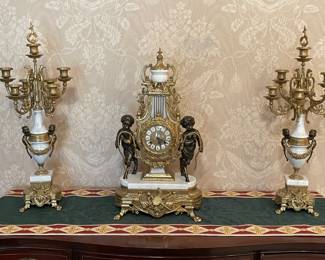 Vintage Italian Mantle Clock - Brevettato Brass and Marble Angel Cherubs with candelabra set