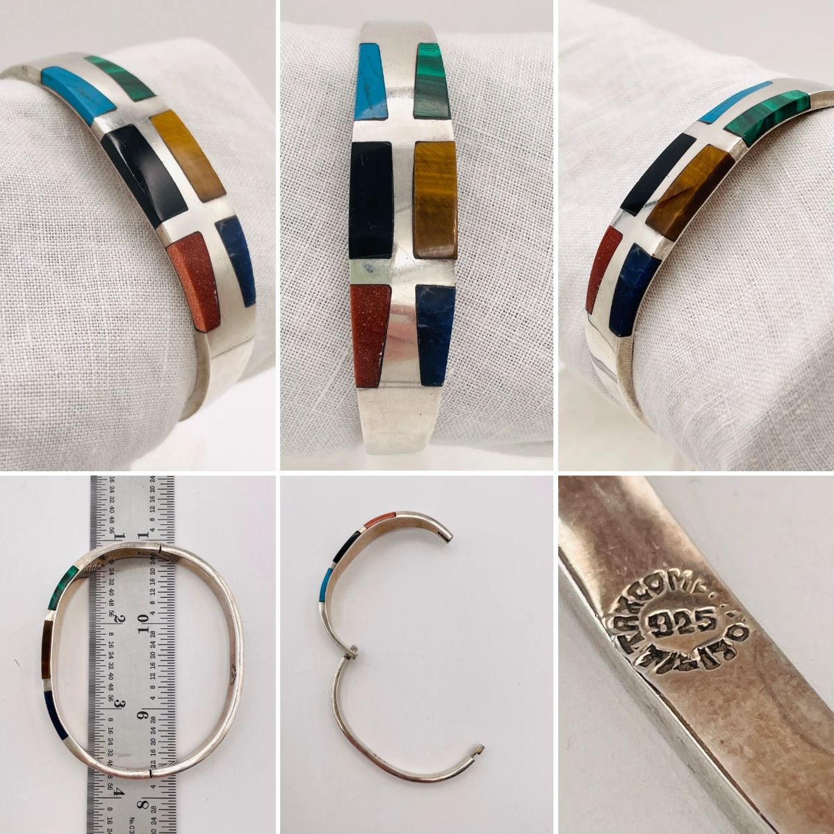 A fantastic vintage sterling silver hinged bracelet inset with different color natural stone pieces, and stamped on the inside with Taxco, Mexico, artist name, and 925 for sterling