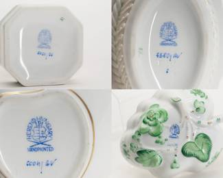 Another view of the A group of four items from Herend Porcelain hand painted in the Chinese Bouquet pattern, green, comprising of covered heart-shaped box with rose finial (3 inches L x 2-1/2 inches H), a leaf shaped dish with handle (4-1/2 inches L x 3 inches W x 1 inches H), a Small Bunny octagonal trinket box (2 inches L x 2 inches W x 2 inches H), and an oval bowl with openwork woven gallery (4 inches L x 2-1/2 inches W x 1 inches H). The Herend mark on the base of each item.