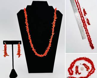 A vintage 24-inch branch coral necklace with matching pendant earrings 