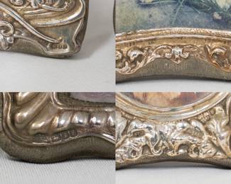 Closeups of four beautiful vintage sterling silver picture frames with Art Nouveau styling, made in England by Keyford Frames Limited, hallmarks for London and sterling silver