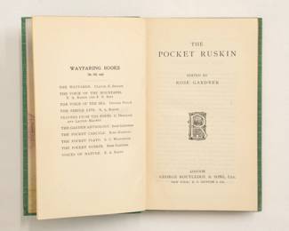 Inside pages of The Pocket Ruskin, edited by Rose Gardner, Wayfaring Book series hardcover published by George Routledge & Sons, Ltd.,
