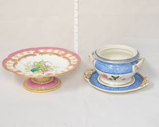 An antique porcelain compote dish or cake stand with hand-painted floral design in the center with a pink border and extensive gilt details; and an antique Chamberlain's Worcester English porcelain tureen and underplate