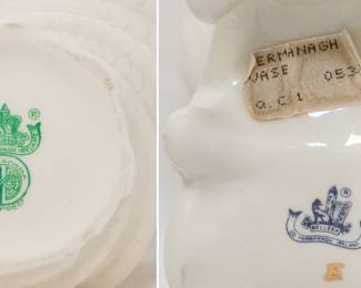 Closeup of marks on vintage Belleek Ireland porcelain Neptune vase in twisted shell form with applied shamrocks, and a vintage Belleek Ireland fine porcelain gold trimming Top "Fermanagh" vase or cornucopia vase 