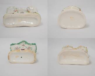 Closeups of the collection of Staffordshire pottery including a Staffordshire model of a house, two towers & grand entrance – even moss on the roof – c. 1865; and several charming antique pastille burners modeled as cottages and houses