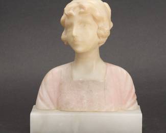Alabaster Bust of Young Girl, After Bessi. The bust is after Bessi's "Mignon" and is on an attached marble base. 