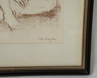 Closeup of signature on one of two framed original lithographs by artist Moses Soyer (1899–1974), "Ballerina" and "Ballet Dancer." Soyer's work is included in the collections of the Whitney Museum, the Museum of Modern Art and the Metropolitan Museum, New York. 