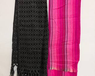 You'll find just the right accent scarf at this sale - here's a black and grey patterned fringed scarf and a vibrant pink tone sinuous stripes scarf!