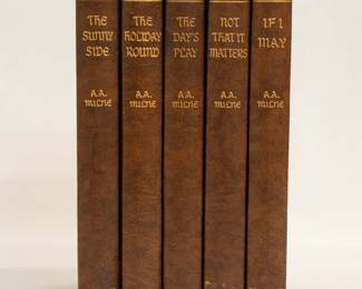 Five "Minvera Edition" hardcover volumes by A. A. Milne: The Sunny Side, The Holiday Round, The Day's Play, Not That It Matters, and If I May; published by The Library Press Ltd London