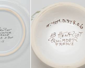 Closeups of the vintage hand-painted French faience pottery - HB Henriot Quimper pair of Mistral Blue plates, a Henriot Quimper bud vase, and a Henriot Quimper small fish-shaped dish 