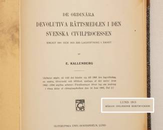 Inside page of De Ordinara Devolutiva Rattsmedlen I Den Svenska Civilprocessen af E. Kallenberg, hardcover, published 1915 by Gleerupska Univ-Bokhandeln, Sweden
