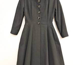 Vintage 1950s style black wool princess coat, inside tailor's label from Mary Benton, Norfolk Virginia