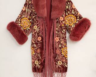 A vintage Adrienne Landau 90s does 20s fur trimmed velvet piano shawl style coat