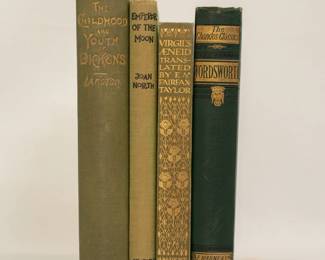 The Childhood and Youth of Dickens by Robert Langton, hardcover, published 1912 by Hutchinson & Co., London; Emperor of the Moon by Joan Norton, hardcover, published 1956 by Geoffrey Bles, London; Virgil's Aeneid translated by E. Fairfax-Taylor, hardcover published 1910 by J. M. Dent & Sons, London; The Poetical Works of Wordsworth with Memoir, Explanatory Notes, Etc., hardcover from The Chandos Classics series, published by Frederick Warne and Co London.