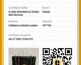 Certificate of authenticity from Entropy for the vintage Chanel Classic Flap Bag, black quilted lambskin leather with gold-tone hardware—an interlocking CC turnlock clasp—and a chain strap laced with leather. Authenticated by Entropy.