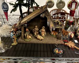 Nativity creche, hand blown glass Christmas ornaments, and more