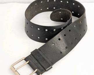 A black double-hole leather belt with a silver buckle