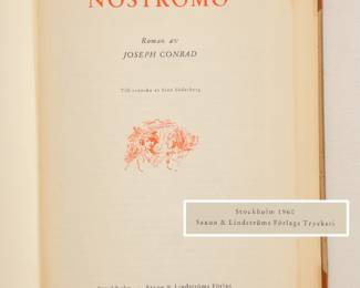 Inside page of Nostromo Roman av Joseph Conrad, hardcover, published 1960 by Saxon & Lindstroms Forlag, Sweden