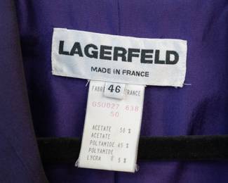 CLoseup of vintage Karl Lagerfeld 2-piece purple skirt suit, size 46, made in France