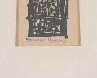 Closeup of the framed R. Charlie Lyons (1940-2007) hand colored woodcut, "Druid #11" pencil titled, numbered 13/ 35, and signed along bottom margin