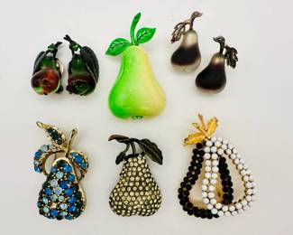 More pear-form brooches, earrings and pins, comprising four vintage rhinestone brooches, one signed Coro, another signed Corocraft, and a third signed Gio; a pair of signed Loran pears as lapel pins, and a pair of fabulous Austrian pear-shaped colored glass and rhinestone clip earrings