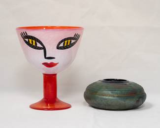 A Kosta Boda "Open Minds" series footed glass compote or vase designed and signed by arist Ulrica Hydman Vallien, and a signed Stephan Roy raku art pottery vessel