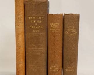 De Ordinara Devolutiva Rattsmedlen I Den Svenska Civilprocessen af E. Kallenberg, hardcover, published 1915 by Gleerupska Univ-Bokhandeln, Sweden; Macauley's History of England, Volume IV by Thomas Babington Macauley, hardcover, published 1855 by Longman, Brown, Green, and Longmans, London; Gibbon's Rome Volume IV with Variorum Notes, by Edward Gibbon, hardcover, published 1869 by Bell & Daldy, London; The British Constitution by Lord Henry Brougham, hardcover, third edition published 1860 by Charles Griffin and Company, London