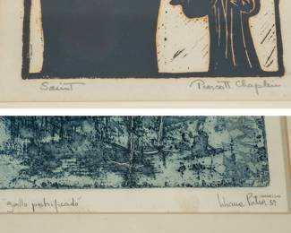 Closeups of a signed Prescott Chaplein linoleum cut print titled "Saint," and signed Liliana Porter etching titled "Gallo Petrifcado," with the date 59 and the word Mexico, likely done when the artist was studying in Beunos Ares and Mexico City between 1954 and 1961.  