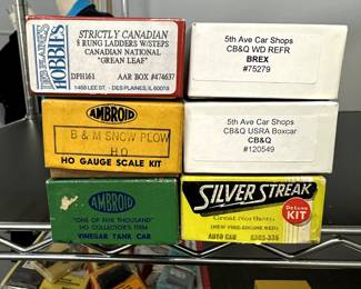 Strictly Canadian 8 Run Ladders w/Steps Canadian National Green Leaf DPH161 AAR BOX #474637, Ambroid B & M Snow Plow HO Gauge Scale Kit, Ambroid "One of Five Thousand" HO Collector's Item Vinegar Tank Car, CB&Q WD REFR BREX #75279, CB&Q USRA Boxcar CB&Q #120549, Silver Streak Great Northern New Fire-Engine Red Auto Car S303-335