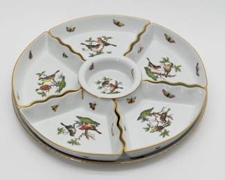 A Herend porcelain “Rothschild Bird” 7-piece hors d'oeuvres set in six divided sections on top of a large 12.5" serving platter. Hallmarked with “Herend Hungary Hand Painted” to the underside.