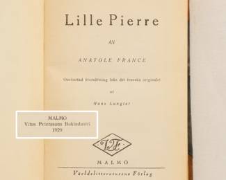 Inside page of Lille Pierre by Anatole France, published 1929 by Varldslitteraturens Forlag, Sweden
