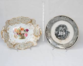 A 19th century hand-painted cake plate, two handles, ornately decorated with central basket of flowers surrounded by patterned gilt border with scrolling acanthus leaves, and a rare 19th century Belgian black & white transferware ceramic plate by Belgian porcelain manufacturer J.B. Cappellemans Aine, Brussels